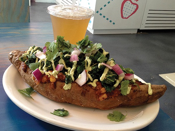 Stuffed baked sweet potato. Looks like a swimming pig, but zero animal products are allowed into this establishment.