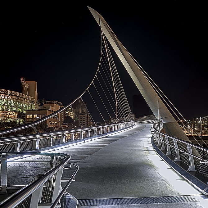3 shot HDR of the Pedestrian bridge crossing over Harbor Drive for access to Petco Park. 