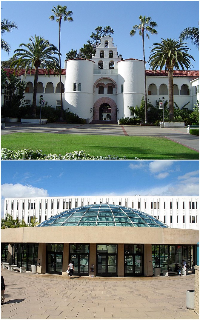 "SDSU's official logo features the facade of Hepner Hall, a building which is pretty relentlessly phallocentric," notes Hirshman. "You've got a small, rounded pink gateway flanked by not one but two huge white upright columns. And it's topped off with a bell tower to boot. Now of course we're not going to tear Hepner down. But it is worth creating a more gynophilic atmosphere, both so the ladies feel supported and so the gentlemen are informed. A new logo, inspired by a different building, can really be a help here. As it happens, Love Library is ready to hand: an architecturally interesting building with a more…feminine presentation. Less aggressive, more welcoming, you know?"