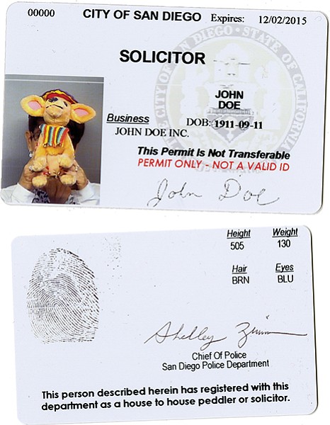 Sample (front and back) of legitimate door-to-door solicitor’s permit