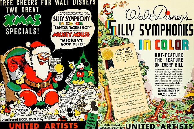 A double-page spread announcing two Disney holiday staples and a new season of Technicolor Silly Symphonies. "The Film Daily," December 9, 1932.