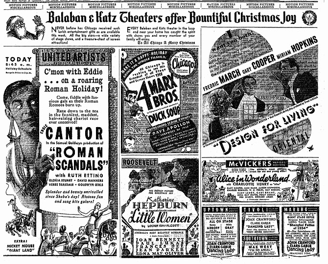 If given the choice of one Christmas to relive, set the Wayback Machine to December 25, 1933 and prepare to discover a holiday of laughter. Opening for Mae West, a Disney dye-transfer Technicolor Silly Symphony. The 3 Stooges, still under the wing of Ted Healy, shook their tootsies opposite Gable and Crawford in Dancing Lady. Dust for fingerprints: the Lubitsch Touch left an elegant set at the Oriental while the Marx Brothers at their most anarchic ran roughshod across the Chicago's giant 100-foot screen. For Scrooges out to put a scare into the kids,  there's the most faithful, and fright-filled adaptation of Lewis Carroll's Alice in Wonderland featuring none other than W.C. Fields as Humpty Dumpty. Credit design magus William Cameron Menzies' for ministering the gnarled ambiance. 

