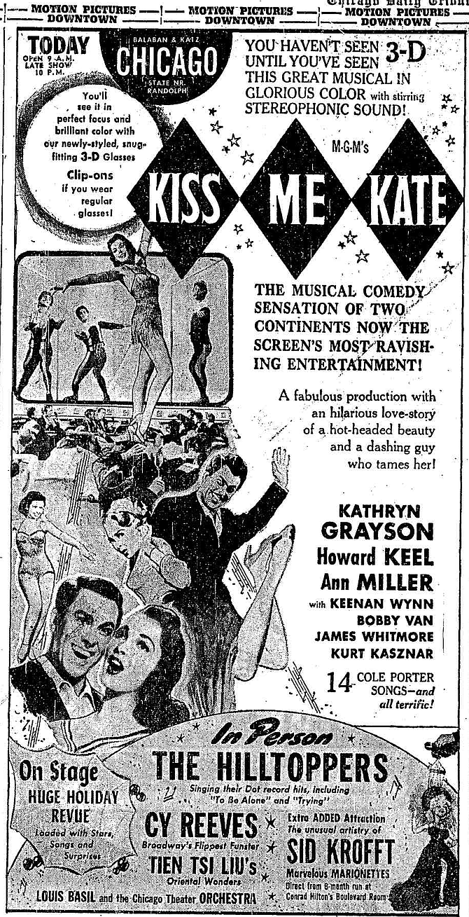 Fans of '60's Saturday morning kid's TV programs will want to pay particular attention to this December 25, 1953 ad from The Chicago Tribune. In addition to stereoscopic wonders leaping from the screen, the opening stage acts featured puppeteer Sid Krofft who, along with brother Marty, struck it rich years later when hired by NBC to originate  The Banana Splits and H.R. Pufnstuff. 
