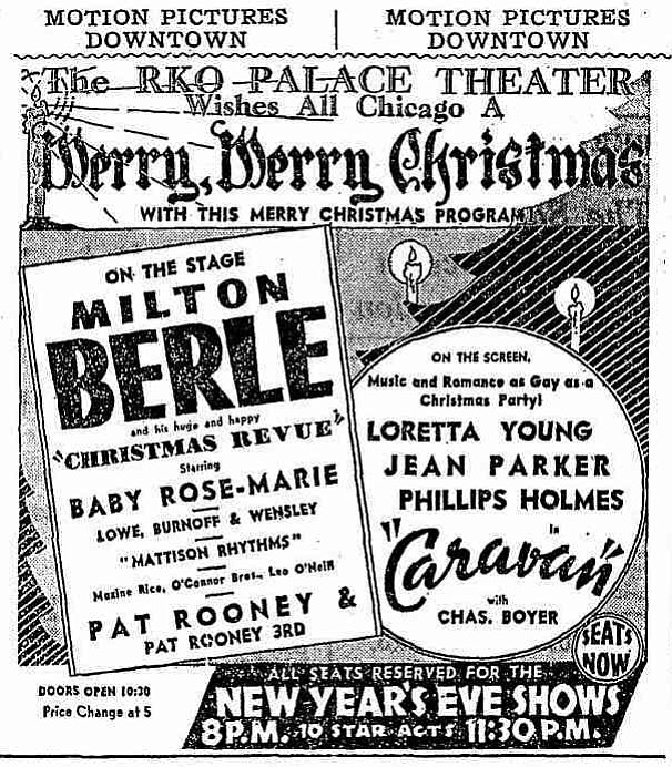 Anyone using the term "huge and happy" in relation to Milton Berle had to be hip to the gag, right? Baby Rose-Marie, too! The Chicago Tribune, Christmas Day, 1934.