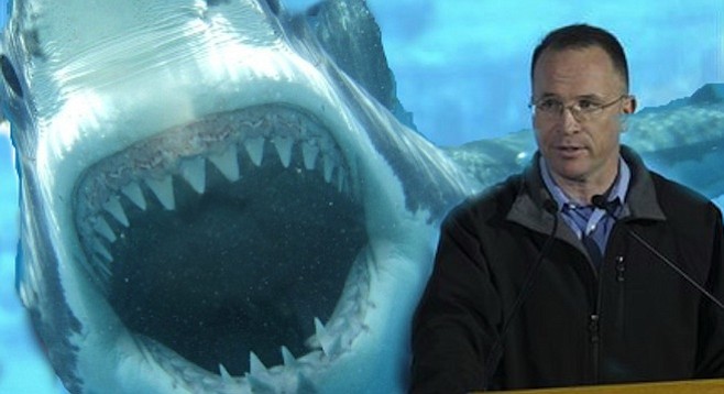 Atchison addresses the press before being lowered into SeaWorld's famous Shark Encounter exhibit.