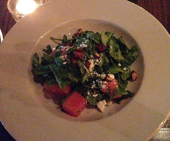 A refreshing, out-of-season Watermelon salad. Farmer's Bottega.