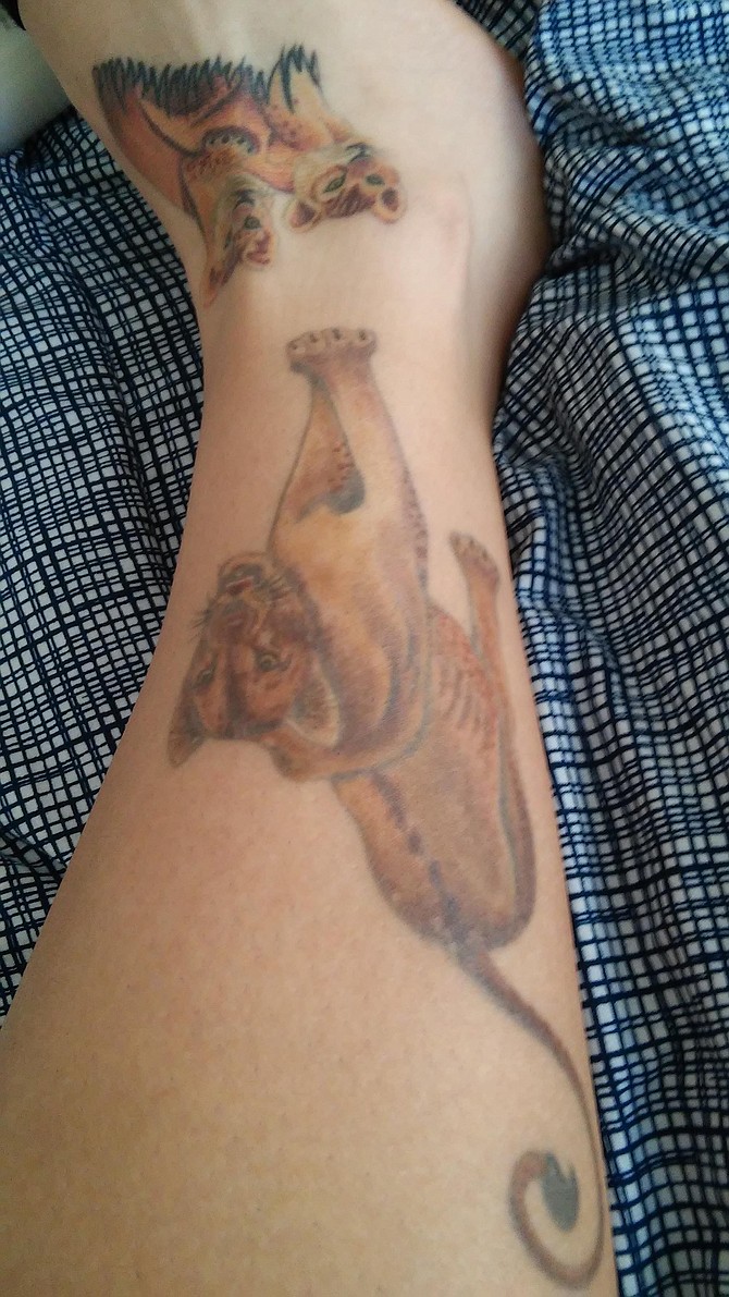 I got this tattoo to represent my mom and me and my younger brother. She's represented by a lioness-a strong, protective female. which is what my mother has always been. I got it at Allegory Tattoo done by Stevie. I'm Avi from San Diego, 21, and am in the Navy. 