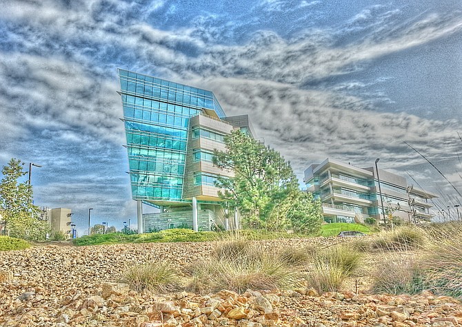 UCSD Management building in a cloudy day