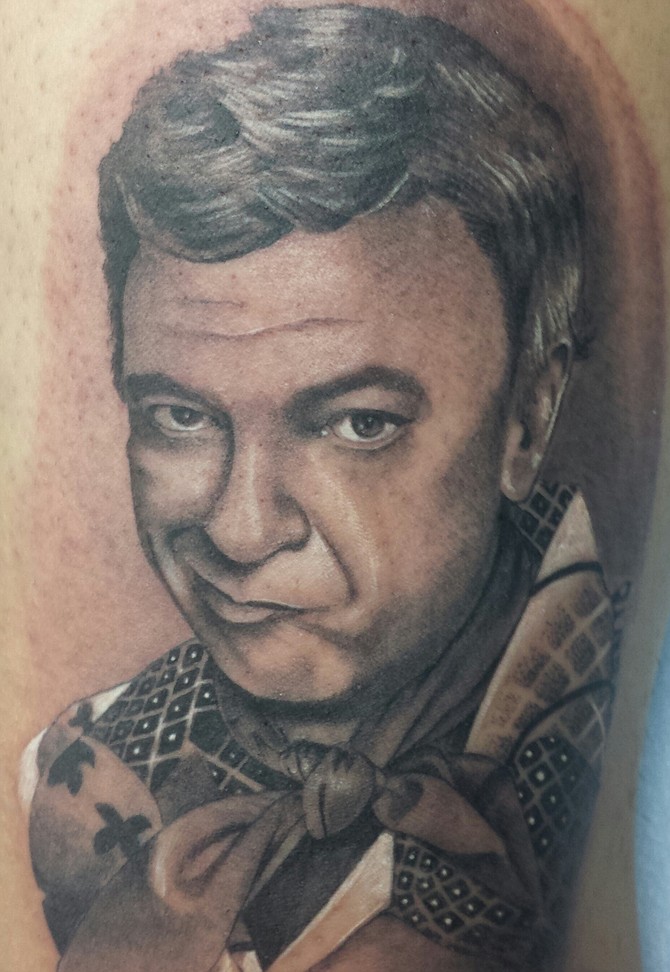 I grew up watching Three's Company, it was my favorite show as a child. My favorite character was Mr. Furley, the greatest ladies man ever. Tattoo done by Chuy Espinoza of Vital Lines Tattoo located in Ocean Beach.