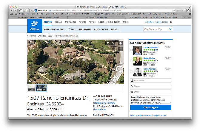 Map of the home and neighborhood in Encinitas, from the Internet.