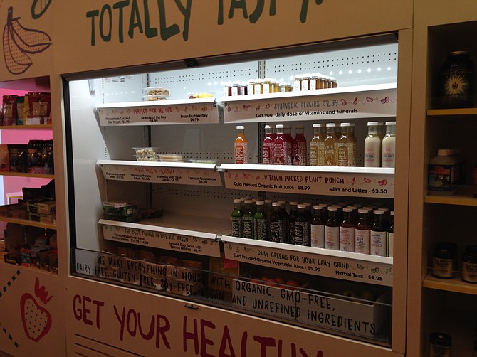 Cold press juice and packaged meals on market shelves. Sol Cal.