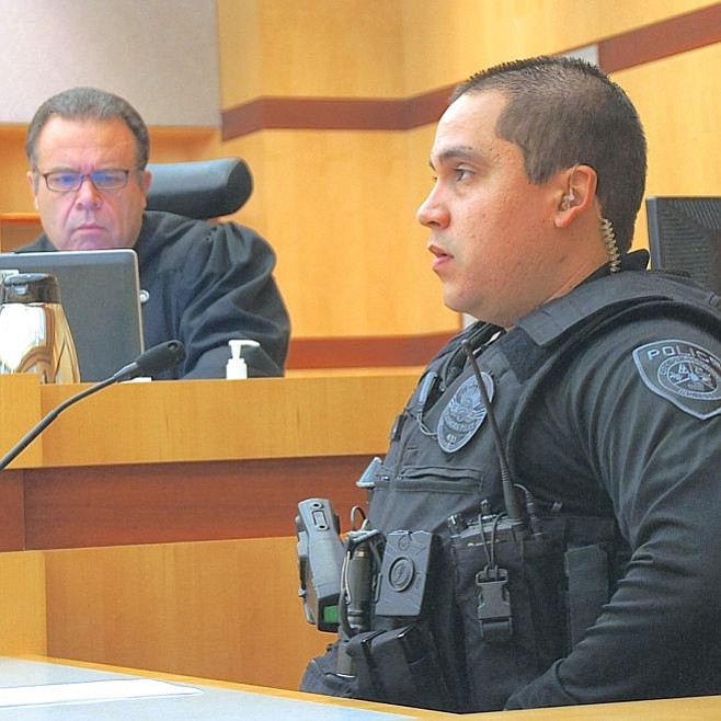 Judge Whitney and officer Juan Alva in court today, Jan 8 2015. Photo by Eva