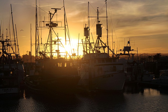 Seaport Village docks at sunset.