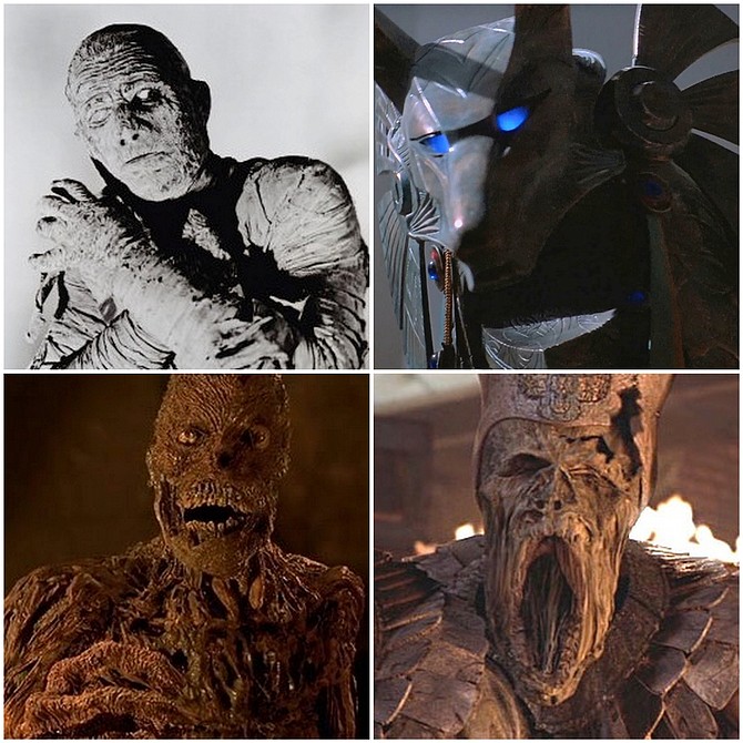 The Mummy from The Mummy (1932), Anubis from Stargate (1994), the Mummy from The Mummy (1999), and the Mummy from The Mummy Returns (2001), none of which appear in the crummy exhibit.