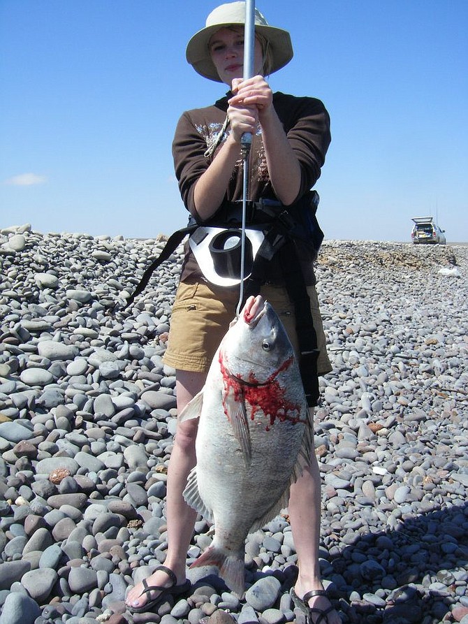 I went shore fishing in Namibia. This fish is called a Steenbras and weighed 7kg. I used sardines as bait and it took me about 15 minutes to reel in. My first catch ever. I beat all the veteran fisherman that weekend by reeling in the biggest catch.