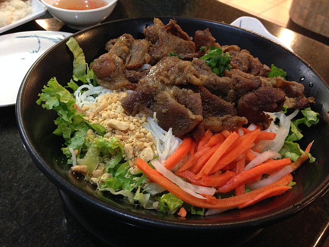 Noodles and meat make a salad feel like something else. Bún thịt nướng. Pho Cow Cali Express.