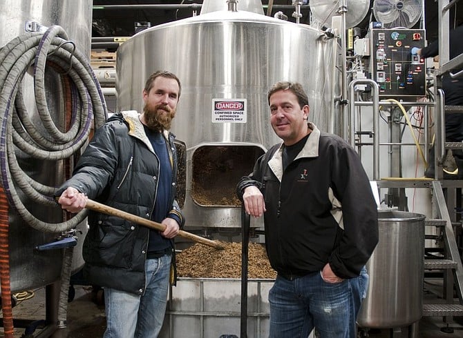 Mikkeller's Mikkel Borg Bjergsø (left) and AleSmith owner/brewmaster Peter Zien during brew day for they're collaboration beer, Beer Geek Speedway (photo courtesy AleSmith Brewing Company)