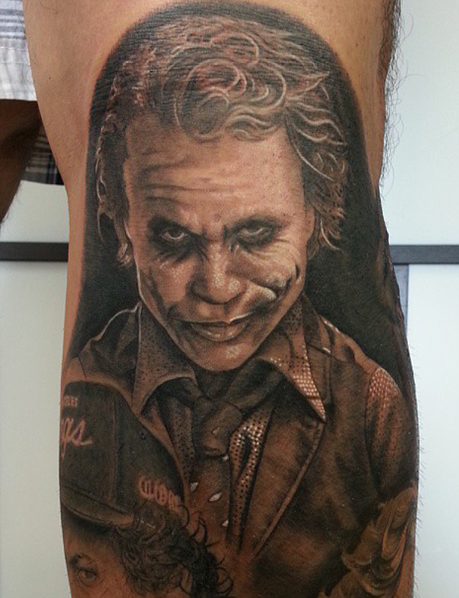My name is Joseph, I'm a tattoo collector from Chula Vista. My leg sleeve consist of several portraits of iconic figures that tragically died young. One of my favorite portraits is Heath Ledger as the joker. Tattoo done by Chuy Espinoza of Vital Lines Tattoo.