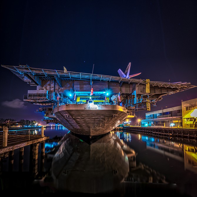 1st photo with my new Sony 16-35mm lens on a Sony a7 camera.
5 shot HDR from the rear of the Aircraft Carrier USS Midway. 1▫13▫2015 
Commissioned in September 1945, Decommissioned April of 1992, she is now the USS Midway Museum in our beautiful city, San Diego.