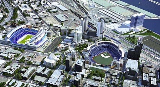 Concept photo showing a downtown football stadium next to Petco Park
