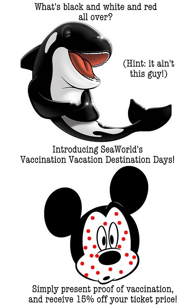SeaWorld ad depicting a smiling Shamu and Measle Mouse.
