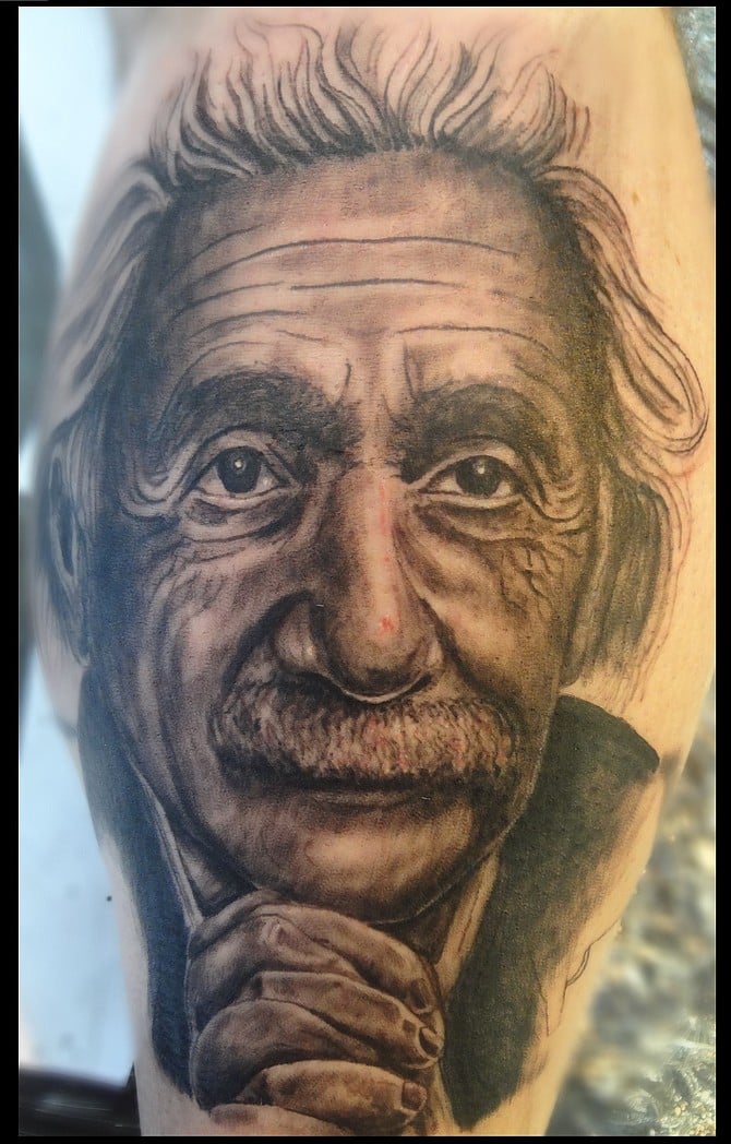 Albert Einstein tattoo by Jedi at Sacred Throne Tattoo in Escondido. One of the greatest minds to benefit the world. 
