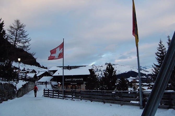 The quaint Hotel Alpenruh at the auto-less village of Murren, where the cable cars up to the Schilthorn leave from.