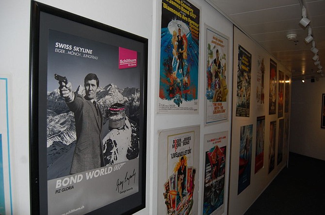 The entrance way to the Bond World museum is flanked by posters from every 007 movie. 