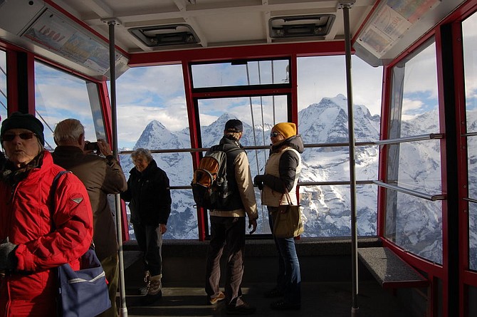 Inside the cable car flying up to the Schilthorn.