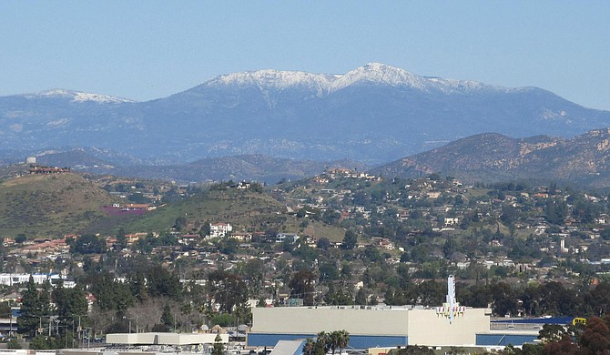 Snow capped Cuyamaca Peak after the winter storm. Shot from Fletcher Hills.