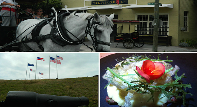 Clockwise from top: apropos carriage ride in Charleston's Colonial downtown; at the top of Ft. Sumter; a dish of sweetbreads, Appalachian red corn, black truffle at McCrady's.