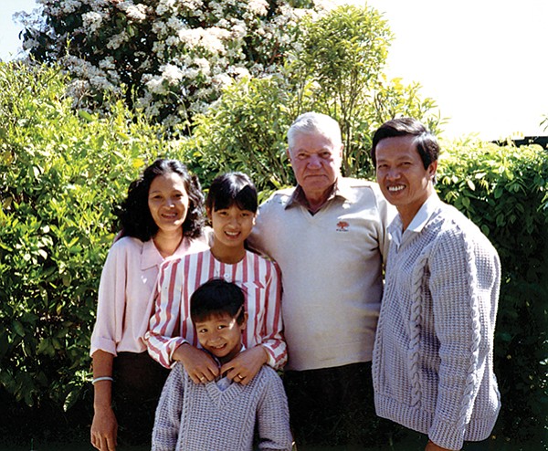 Tam and his family with his uncle Frank (second from right).  I saw just how much of a difference knowing English made. My uncle was comfortable, in control, conversing with his hands. My dad stood to the side, hands still, smiling a sheepish grin.