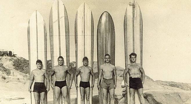 Towney Cromwell, Buddy Hull, Woody Ekstrom, Bill Isenhouer, and Andy Forshaw. Photo taken at Windansea in the late 1940s.