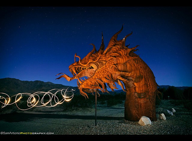 Neighborhood Photo (Borrego Springs): The Serpent in the Desert. Located next to the Anza Borrego State Park is private land, called Galleta Meadows, which is free and open to the public. Here you will find 130 fully-sized outdoor metal sculptures by artist Ricardo Breceda. They vary from dinosaurs to elephants to a 350 foot-long serpent. www.SamAntonio.com