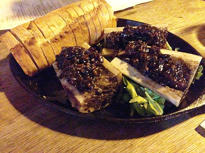Generously topped by bacon onion stout jam – bone marrow. Counterpoint.