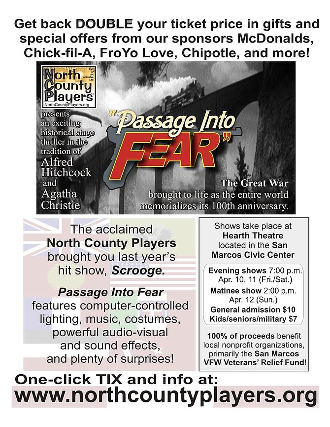See North County Players' show, "Passage Into Fear," and get back DOUBLE your ticket price in gifts from our sponsors McDonalds, Chick-fil-A,
 FroYo Love, Chipotle, the Noodle Company, and more!