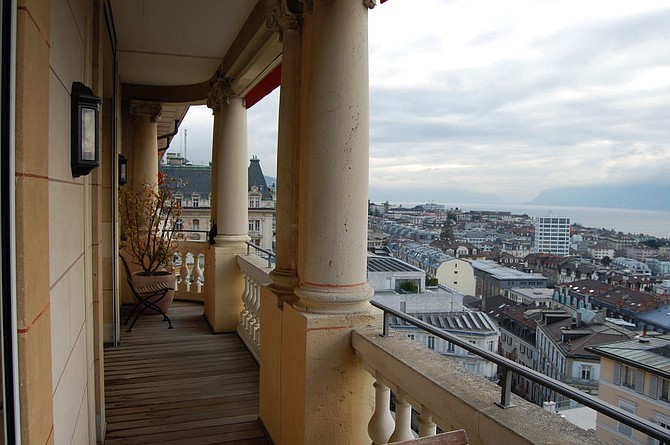 The view from the balcony of the Coco Chanel Suite at Lausanne Palace. 