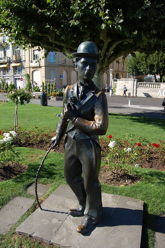 The life-size  bronze statue of Charlie Chaplin's Little Tramp at Vevey.