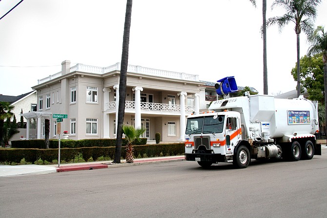 Automated recycling collection truck at 202 Redwood St., 2011