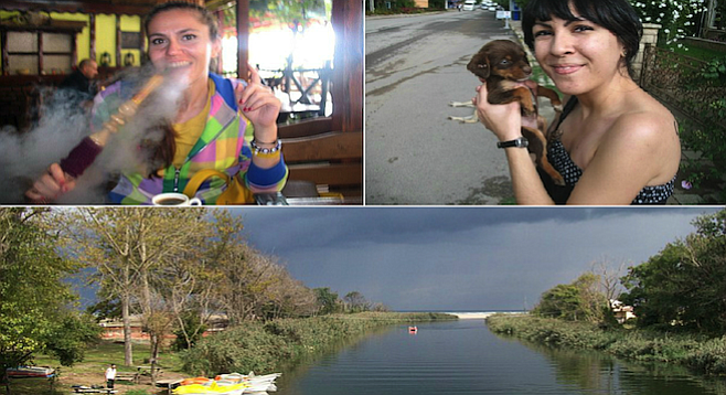 Clockwise from top-left: Saba smokes a hookah with her Turkish coffee; puppies abound on the streets of Ağva; the "Yeşilçay," or Green Tea River.