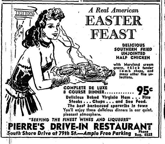 Easter, just like I recall it from my childhood,  minus the marshmallow-glazed ham and bustier. Chicago Tribune, April 5, 1942. 