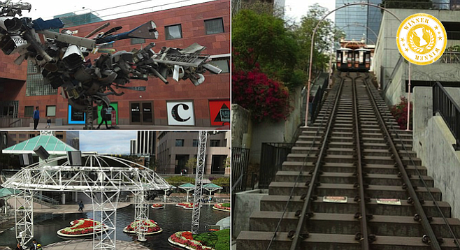 Clockwise from top left: MOCA outdoor art installation; the Angel's Flight funicular in Bunker Hill; Water Court at California Plaza.