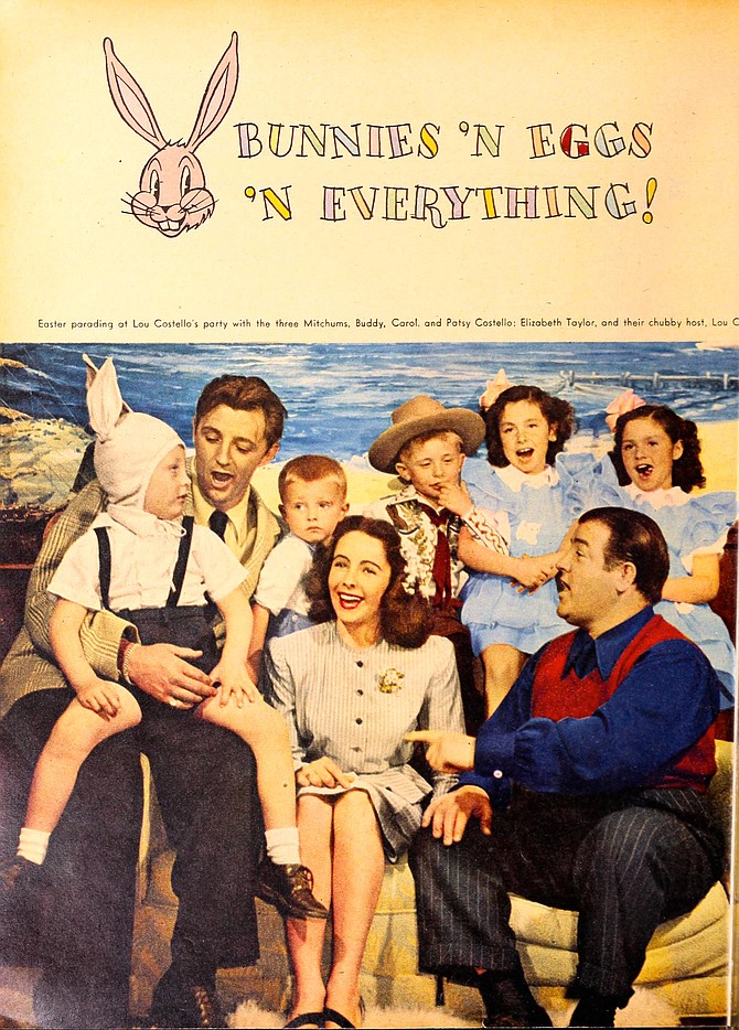 Another Hollywood Easter soiree this one at the home of funnyman Lou Costello and featuring Liz Taylor and a sleepier-than-usual Bob Mitchum and son, Jim. Modern Screen, May, 1946. 