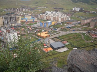 Ulan Baatar seen from the big monastery on the hill.  Note mixture of apartment buildings and "gers," which are those little white things in what looks like open space.