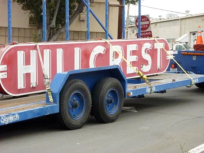 Old Hillcrest sign being taken into the City Yard on B St. downtown.