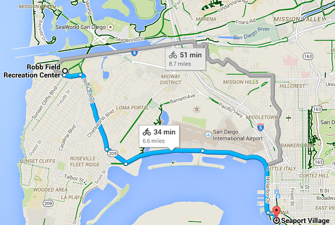 It's a 35-minute ride from O.B. to downtown using the Nimitz Blvd. bike lane, says Google.