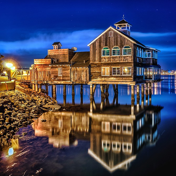 At 4:15am the water is comatose on the San Diego bay.
32 bit HDR of the Pier Cafe, an icon of Seaport Village in our beautiful city, San Diego.   3▫25▫15   D.Warner