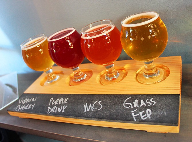 A flight of Brettanomyces-laced beers from Toolbox Brewing Company (photo by @sdbeernews)