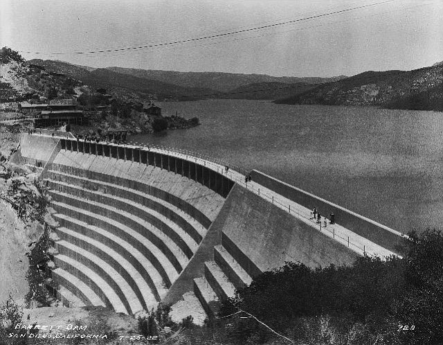 Barrett Dam, as pictured on July 25, 1922, the same year it was completed by the City of San Diego. Barrett Dam created Barrett Reservoir. 
