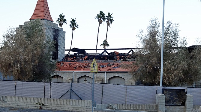 On a weekend trip to Palm Springs (April 18,19), I took this photo of a burned-out church {The Community Church of Palm Springs) not far from the hotel where I stayed. Via Google, I learned the owner plans a luxury hotel on the site. The church had been empty for years, and the fire was found to be arson.